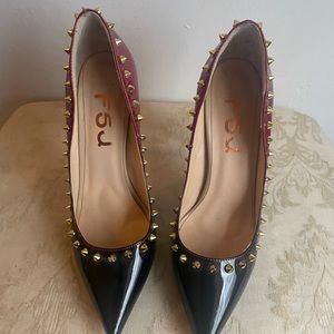 FSJ Pointed Toe Block Black and Red High Heel Pumps